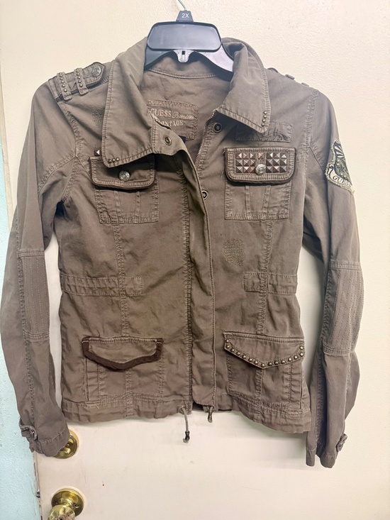 Guess Jackets & Blazers - Guess Army Green Studded Utility Jacket | Zip Front Military Style